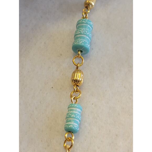 Bohemian Blue Beaded Necklace Gold Tone Dainty Minimalist Elegant Jewelry - Picture 4 of 8